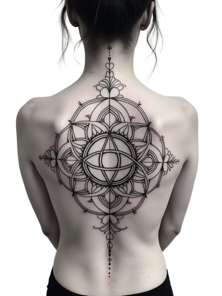 A symmetrical sacred geometry tattoo intricately covers the back, consisting of interlocking circles and lines for spiritual connectivity.