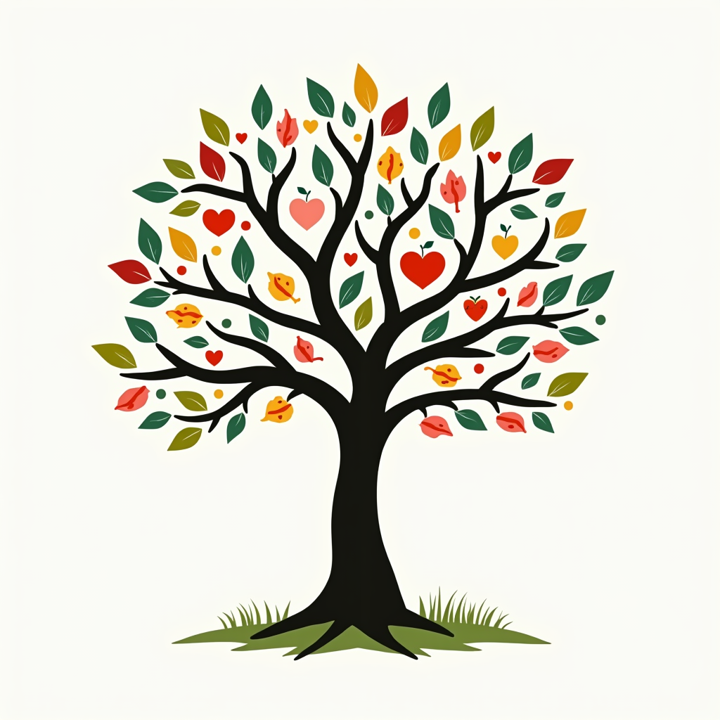 Design 4: Create a graphic of a branching tree, where the root or trunk signifies the initial act, and branches bear 'fruit' icons representing diverse subsequent kind acts.
