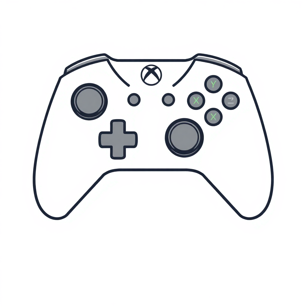 The image is a line drawing of a video game controller. It is a simple line drawing with a white background. The controller has a rectangular shape with four buttons on the top, two on the left side, one on the right side, and three on the bottom. The buttons are arranged in a grid-like pattern, with a plus sign in the center. There are also two green and yellow symbols on the buttons, which appear to be the Xbox logo. The overall design of the controller is simple and minimalistic.