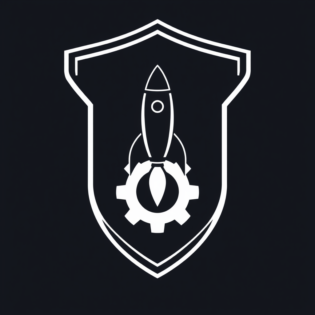 Sub-Design Idea 1: A sleek shield emblem. Inside, a minimalist rocket icon (startup) is launching upwards, with its trail or base subtly forming or integrating with a gear shape icon (grind). Focus on clean lines and potential for negative space.