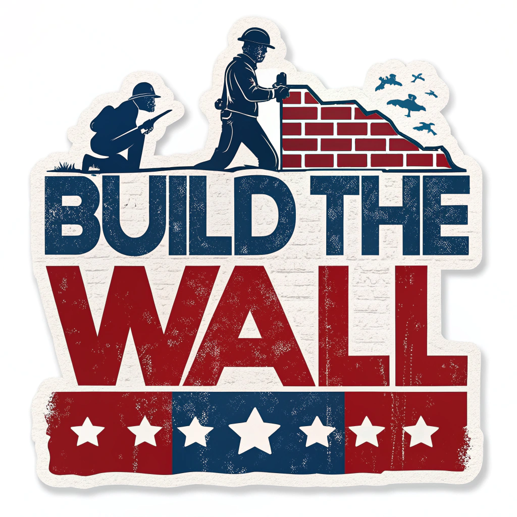 A bold, graphic sticker of the phrase 'Build the Wall' with a silhouette of a brick wall in the background, all in patriotic red, white, and blue colors.