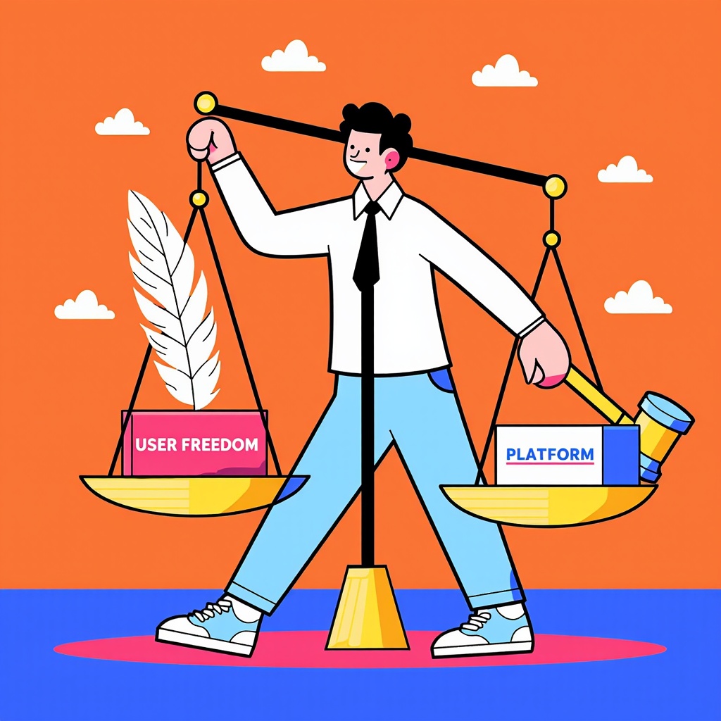 Illustration: A set of scales weighing 'User Freedom' (represented by a feather or bird) against 'Platform Regulation' (represented by a structured block or gavel), held by a figure symbolizing the nation-state trying to find balance.
