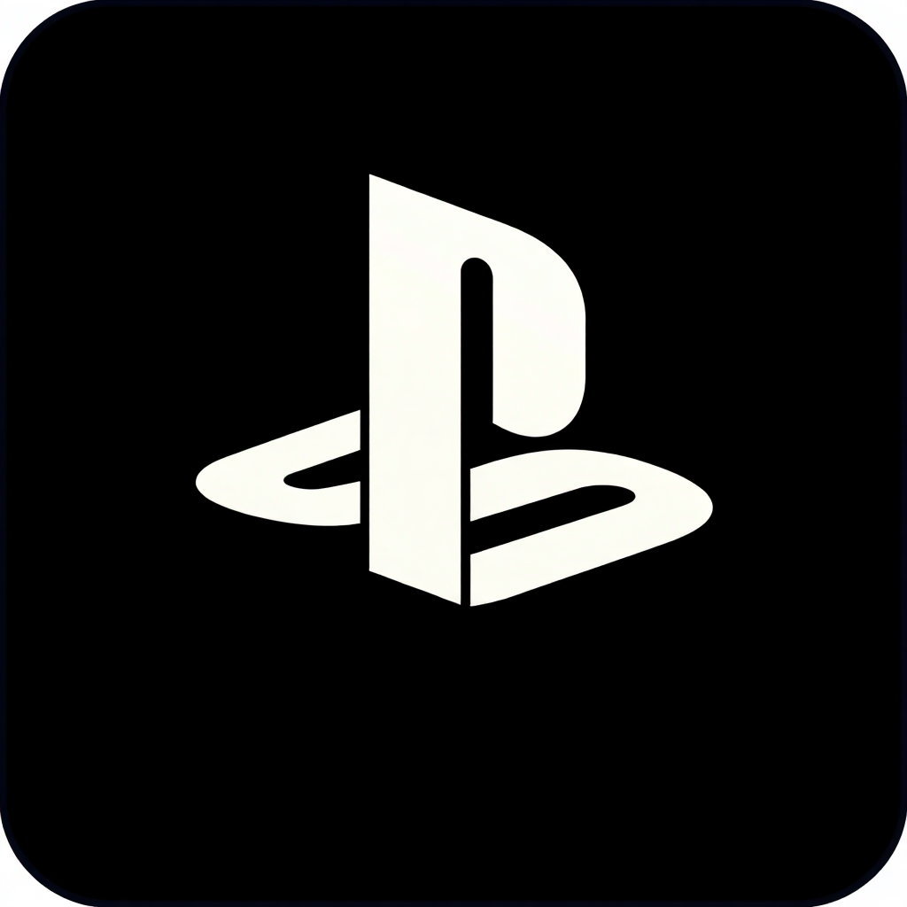 The image is a square-shaped icon with a black background. In the center of the icon, there is a white PlayStation logo, which is a stylized letter P in the shape of a letter B. The letter is slightly tilted to the right, giving it a 3D effect. The logo is simple and minimalistic, with no other elements or design elements.