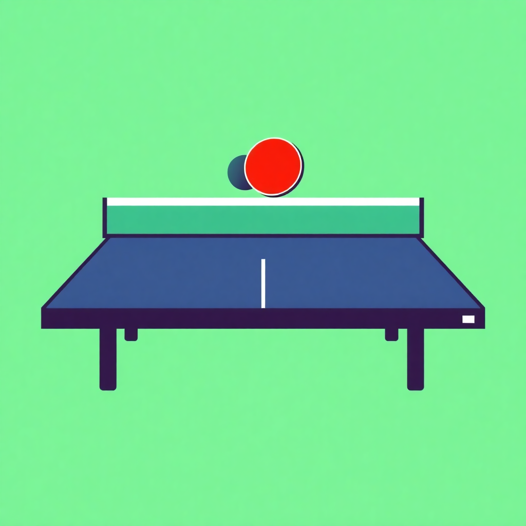 The image is an illustration of a ping pong table. The table is blue in color and has a white net at the top. On the table, there is a red ping-pong ball that is in the air, ready to hit the ball. The background is a solid green color. The image has a simple and minimalistic design.