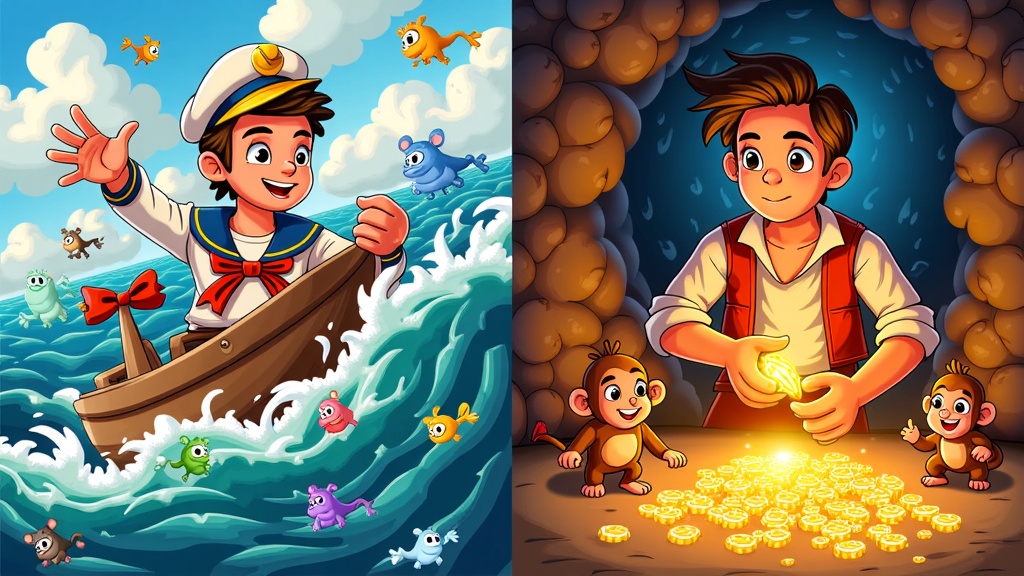 Dual character focus: One panel shows Sinbad navigating a treacherous sea filled with mythical creatures, while an adjacent panel depicts Aladdin in the Cave of Wonders, marveling at heaps of treasure with Abu by his side.