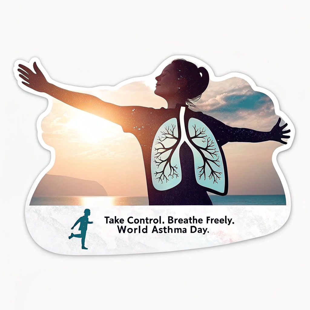 Sub Design Idea 1: The Empowered Breather - Sticker features a silhouette of a person breathing deeply and freely, arms outstretched, with stylized healthy lungs subtly visible within their chest. The background could be a sunrise. Text: 'Take Control. Breathe Freely. World Asthma Day.'