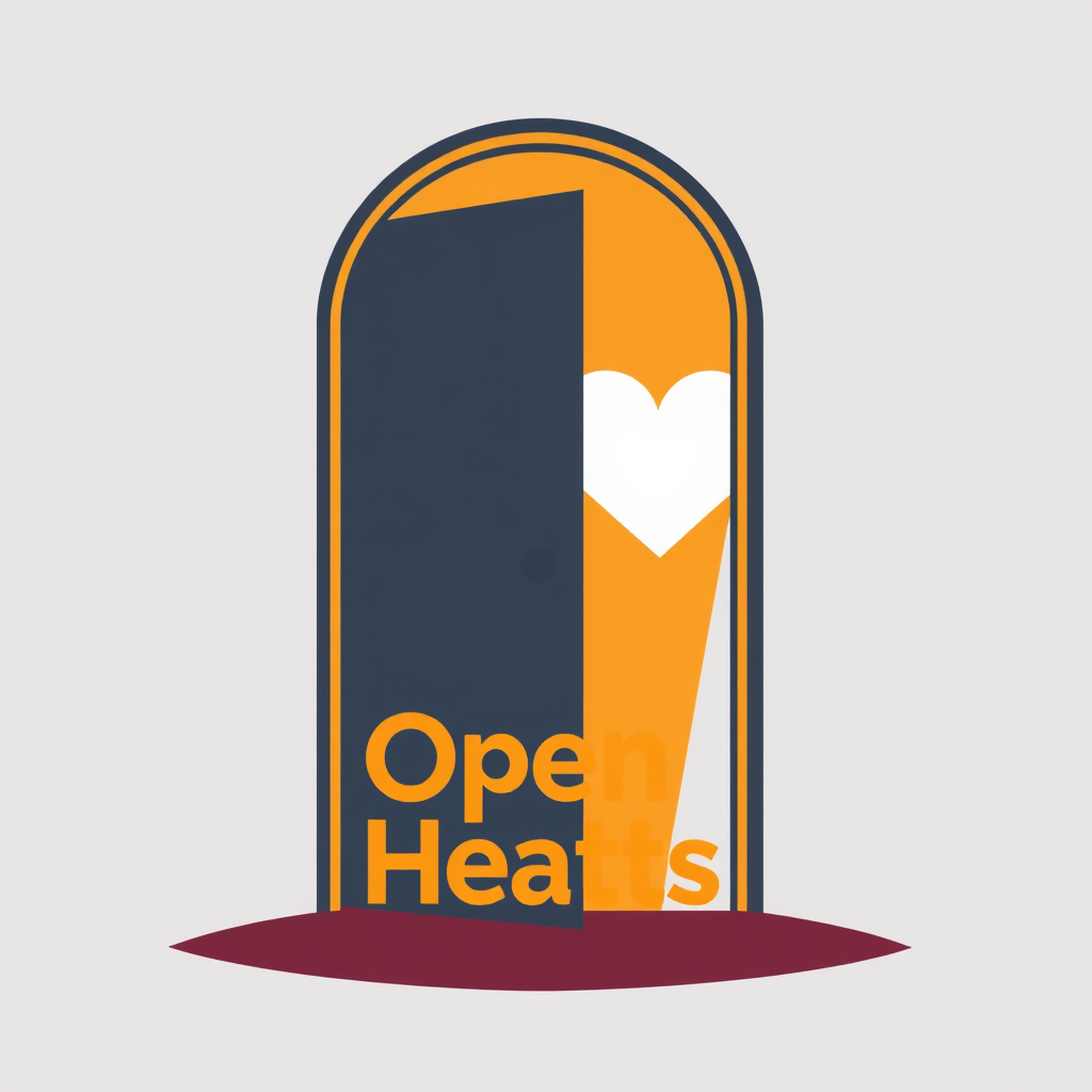 A stylized open door silhouette where the light shining through subtly forms a heart shape, using warm, inviting colors to emphasize 'Open Hearts' and accessibility.