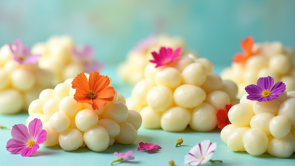 A playful arrangement of mashed potatoes shaped as small clouds, with edible flowers for adornment, on a watercolor pastel palette.