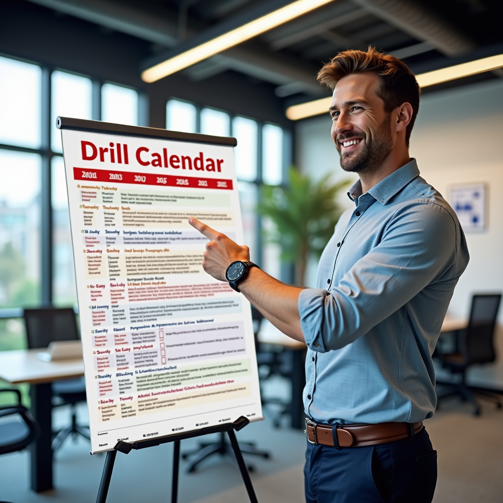 A design centered around a 'Drill Calendar' or 'Preparedness Checklist' concept, encouraging regular practice and review of emergency procedures in the workplace.