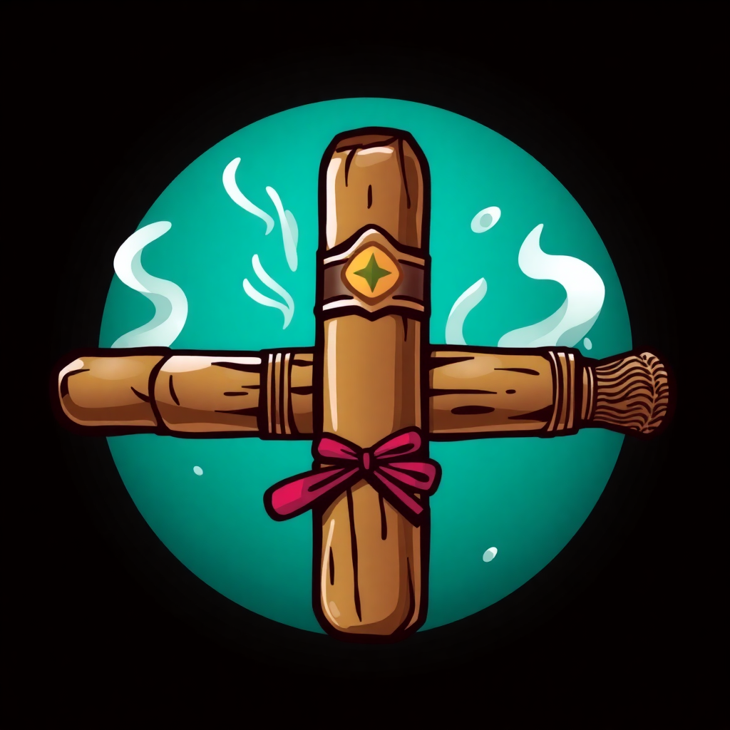 The image is an illustration of a cigar with a pink ribbon tied around it. The cigar is in the center of the image, with a green circle in the background. The green circle has white smoke coming out of it, creating a wispy effect. On top of the cigar, there is a gold-colored emblem with a diamond in the middle. The overall design is simple and cartoon-like.