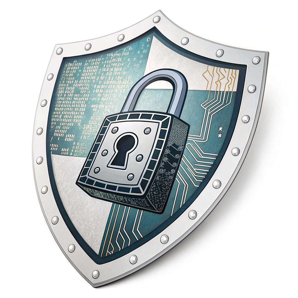 Sub-design 1: A medieval-style shield with a modern, high-tech digital padlock superimposed on its center. Binary code subtly patterns the shield's surface or border.