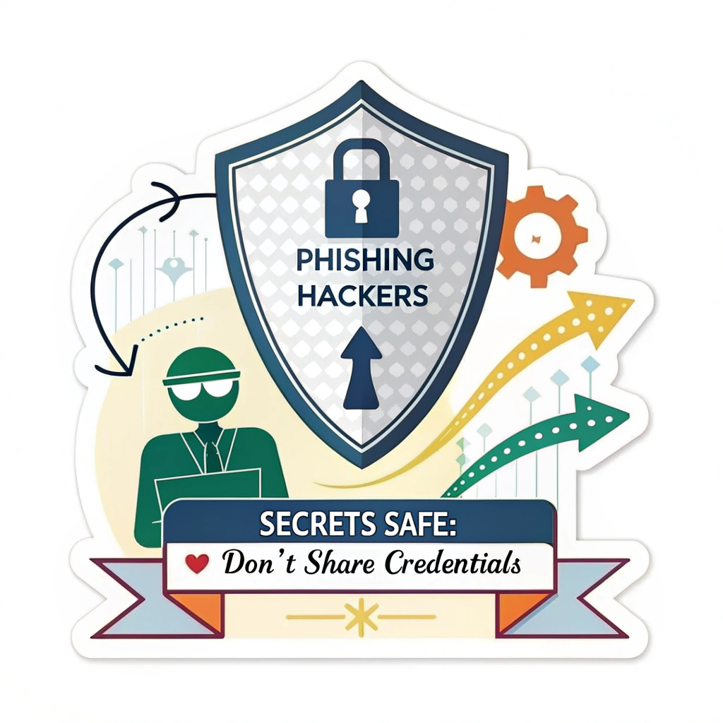 Sticker Design 3 (Credential Shield): A stylized shield icon, perhaps with a keyhole or a binary code pattern, actively deflecting arrows labeled 'phishing' or 'hackers'. The core message 'Secrets Safe: Don't Share Credentials' is integrated into the shield's design or as a banner.