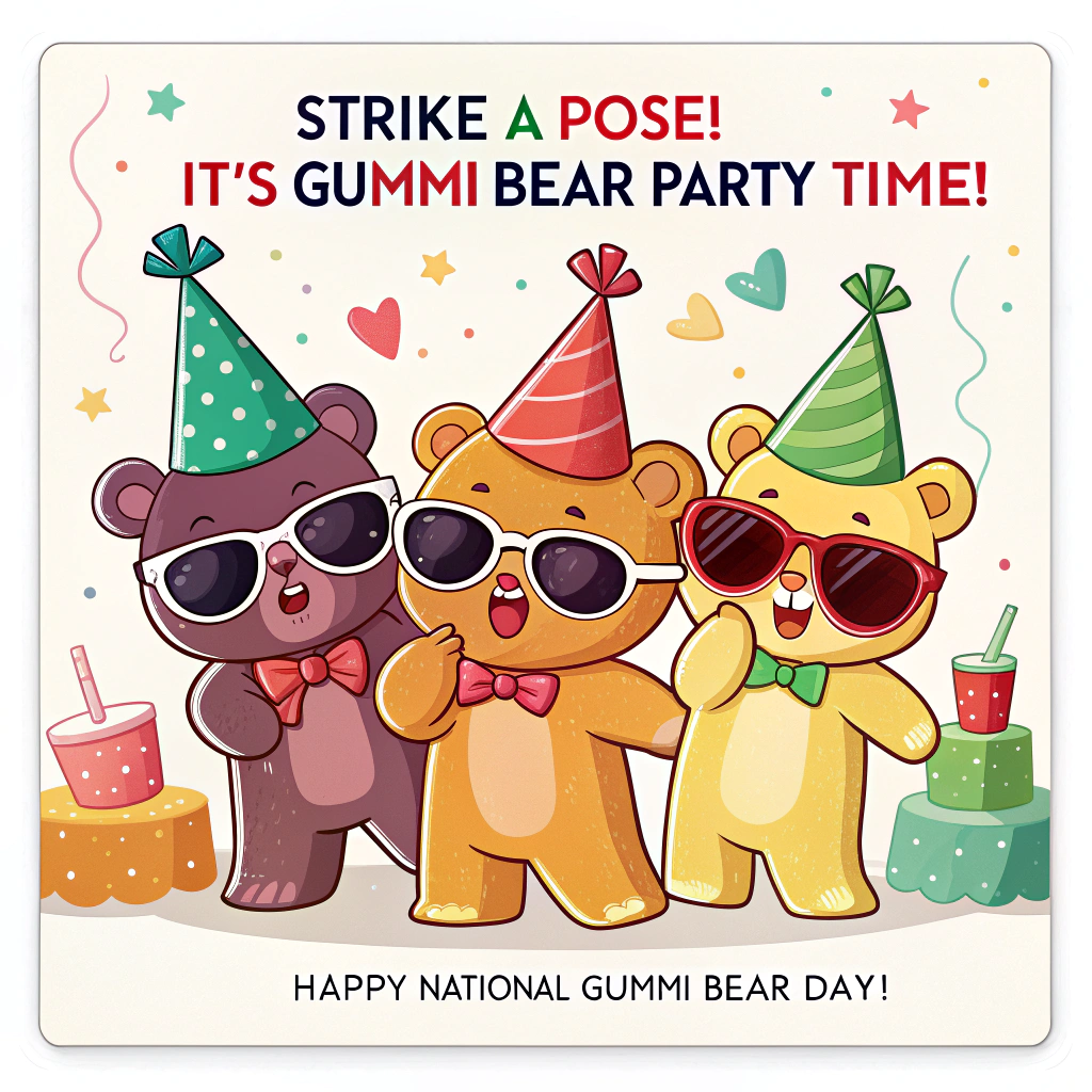 Sub Design Idea 2: A 'photo booth' style sticker showcasing various Gummi Bears wearing silly party props like oversized sunglasses, party hats, and tiny bow ties. Include playful text like 'Strike a Pose! It's Gummi Bear Party Time!' and 'Happy National Gummi Bear Day'.