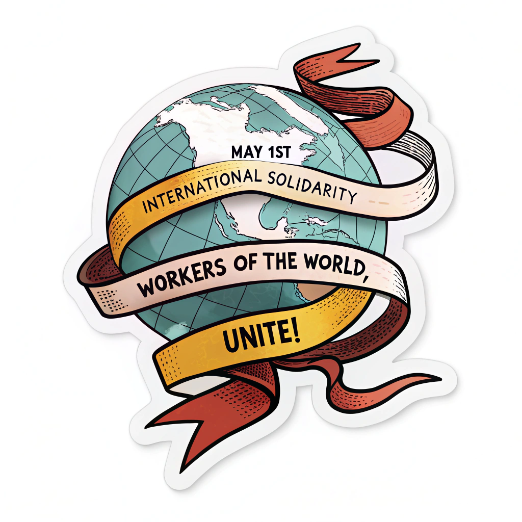 Sub-design 2 (Solidarity Banner Globe): A globe dynamically wrapped in a banner or ribbon that reads 'International Solidarity' or 'Workers of the World, Unite!'. The date 'May 1st' should be prominently featured.