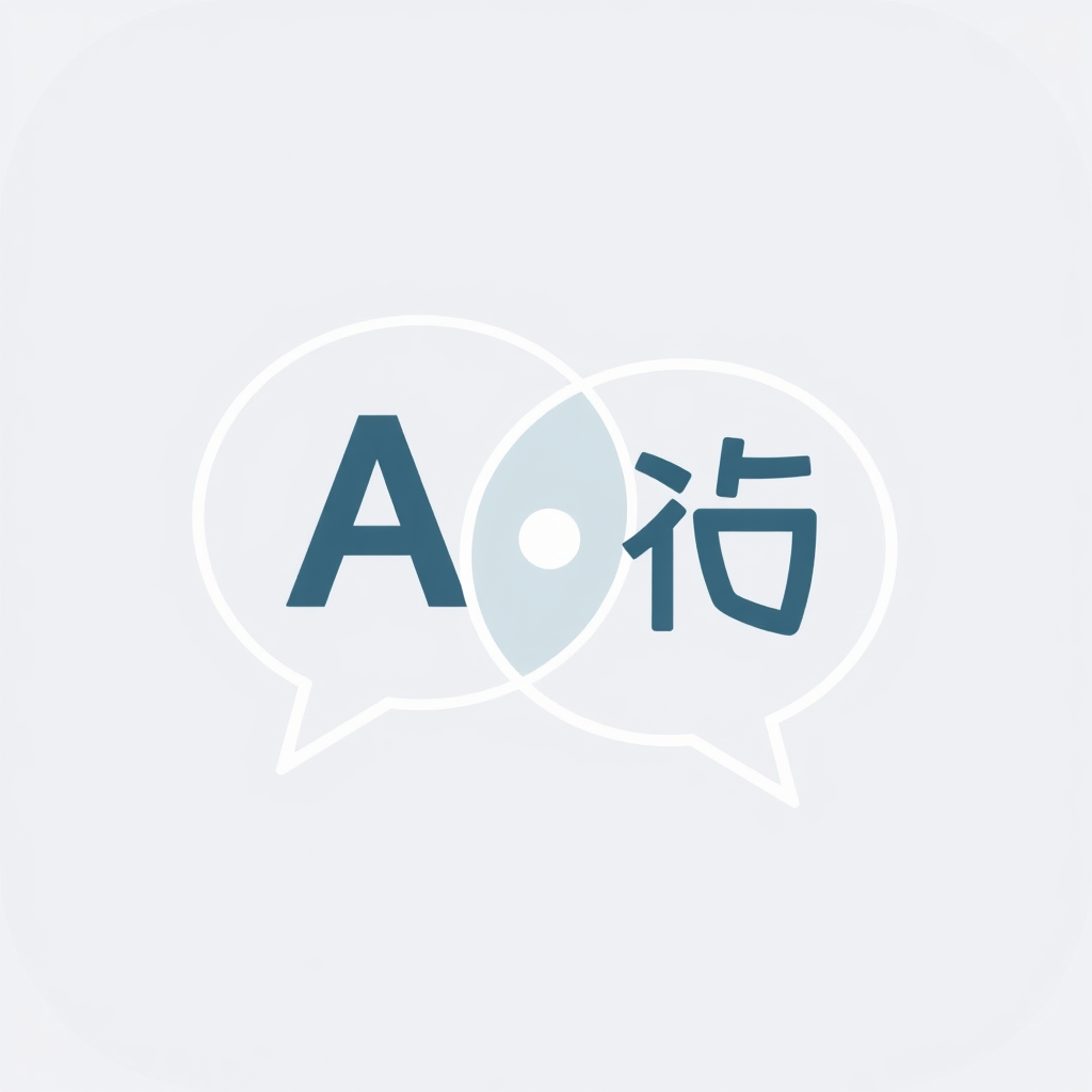 Stylized overlapping speech bubbles, one with 'A' and another with a foreign character (e.g., '文'), indicating translation capabilities.