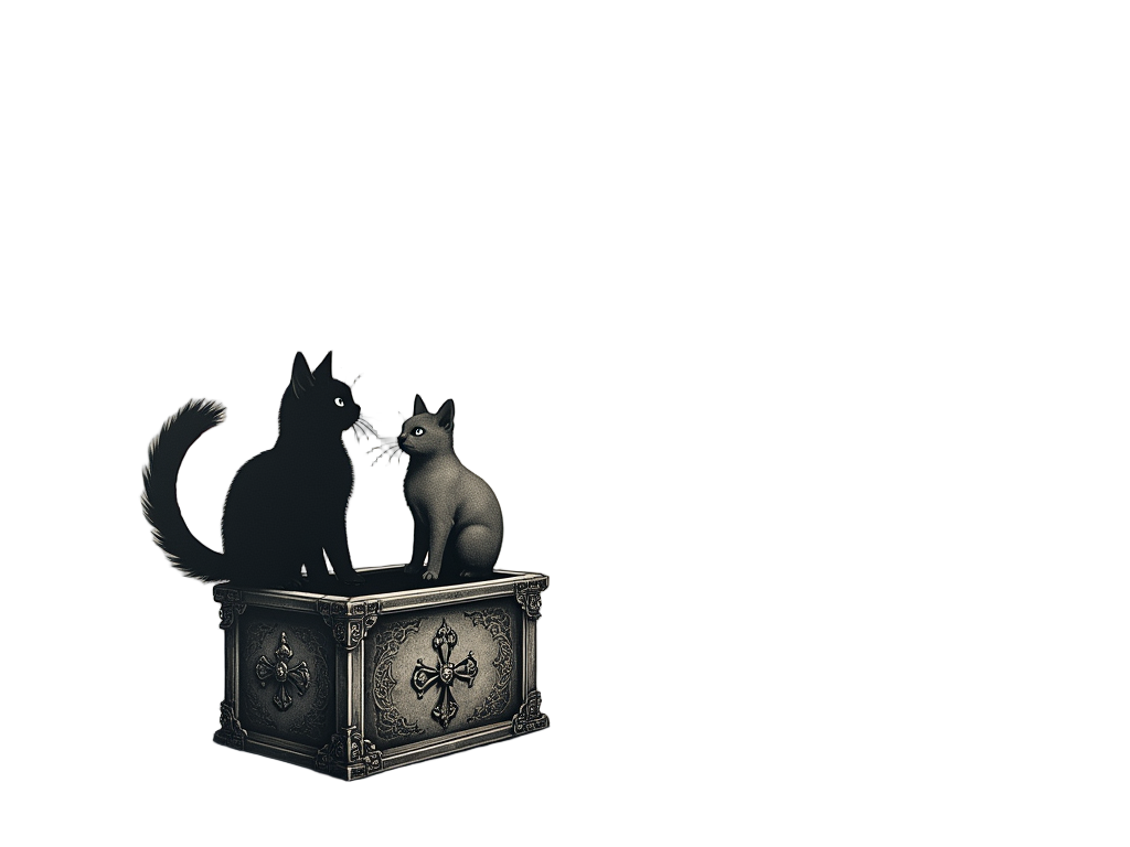 An artistic representation of an observer's eye looking towards a box. From the box, two faint outlines of a cat emerge – one solid and vibrant (alive), the other ghostly (dead) – symbolizing the collapse of the wavefunction upon observation.