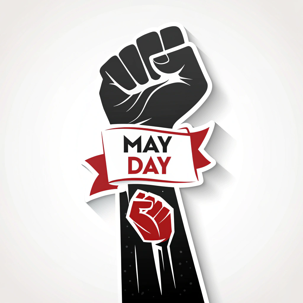 Sub-design Idea 1: Fist & Banner - A stylized raised fist, possibly in a bold silhouette, gripping a small, defiant banner. The banner could read 'MAY DAY', 'WORKERS UNITE!', or 'SOLIDARITY'. Suggested colors: Red, black, white.