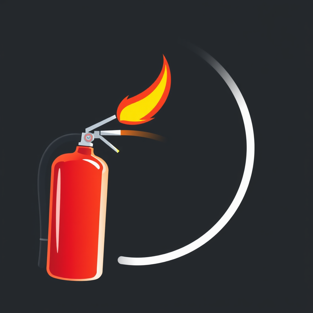 A side view of a fire extinguisher with a single large flame shooting upwards to illustrate its function.