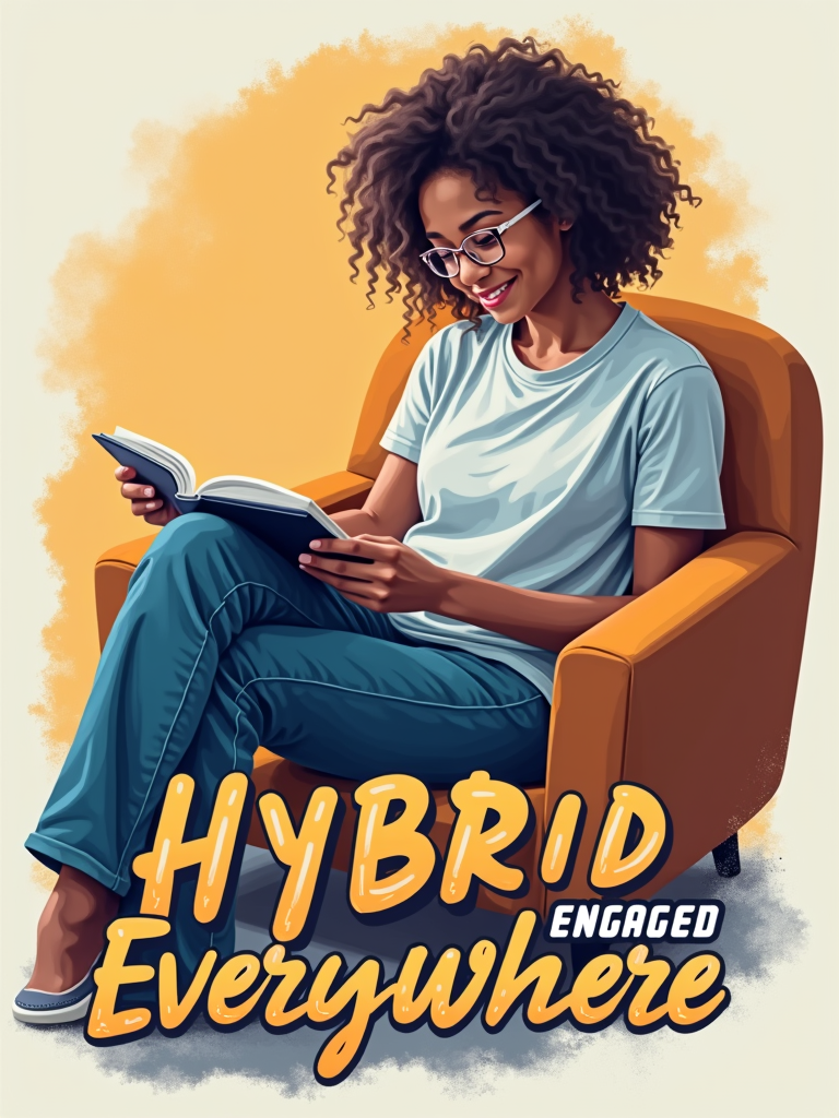 A graphic depicting a student sitting comfortably, simultaneously interacting with a physical textbook and a digital tablet or laptop. Text: 'Hybrid Learning: Engaged Everywhere'.