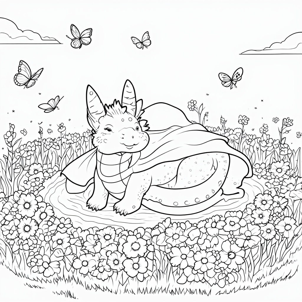 A dragon resting peacefully in a flower-filled meadow, its body coiled comfortably amidst the blooms. Butterflies flutter around, accentuating the tranquility of the scene. The dragon’s wings cover its body like a cape, and its gentle expression complements the serene setting.