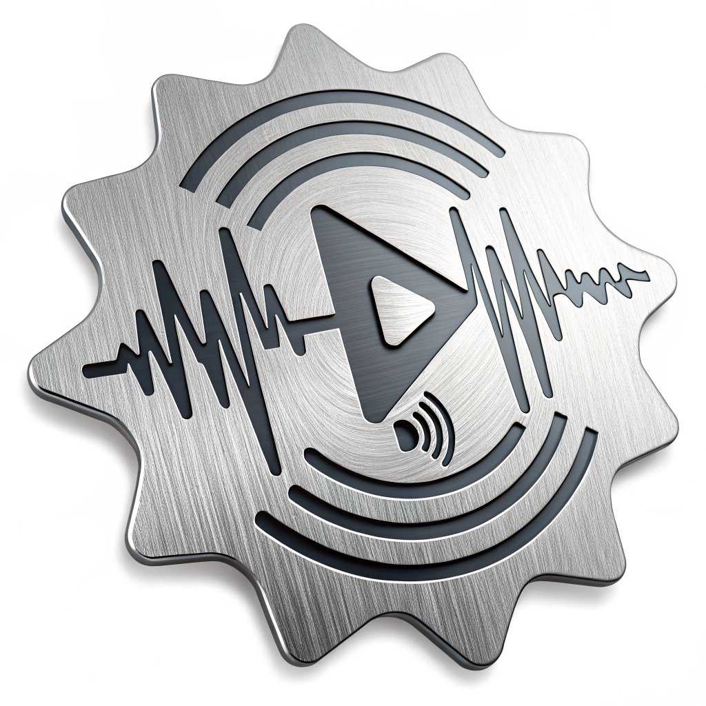 Audio Wave Peak Badge: A metallic badge shaped like a stylized audio waveform with a prominent peak and an integrated play icon, for trending sounds/challenges.