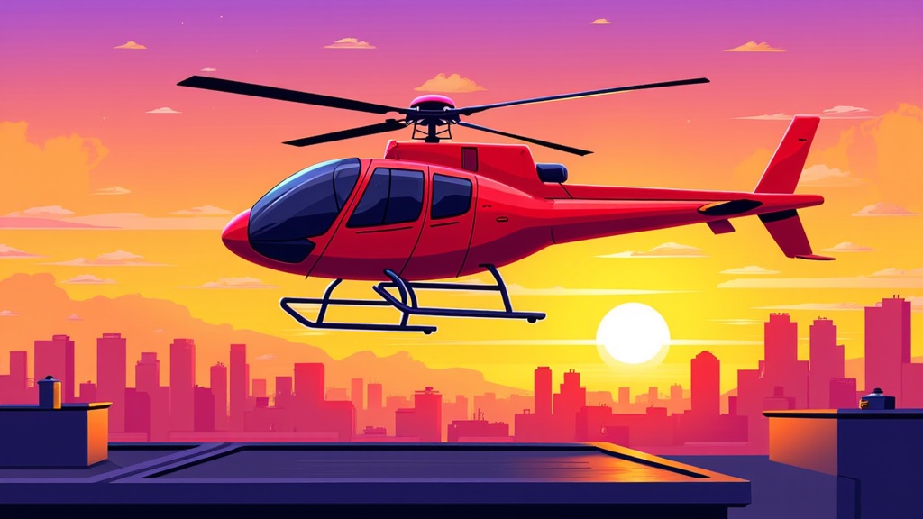  a red helicopter flying over a city skyline at sunset. The sky is filled with orange and pink hues, with the sun setting in the background. The helicopter is in the center of the image, with its rotors spinning and its landing gear down. The city skyline below is made up of tall buildings, with a few skyscrapers visible. The buildings are silhouetted against the sky, and there are a few clouds scattered across the horizon. The overall mood of the illustration is peaceful and serene.