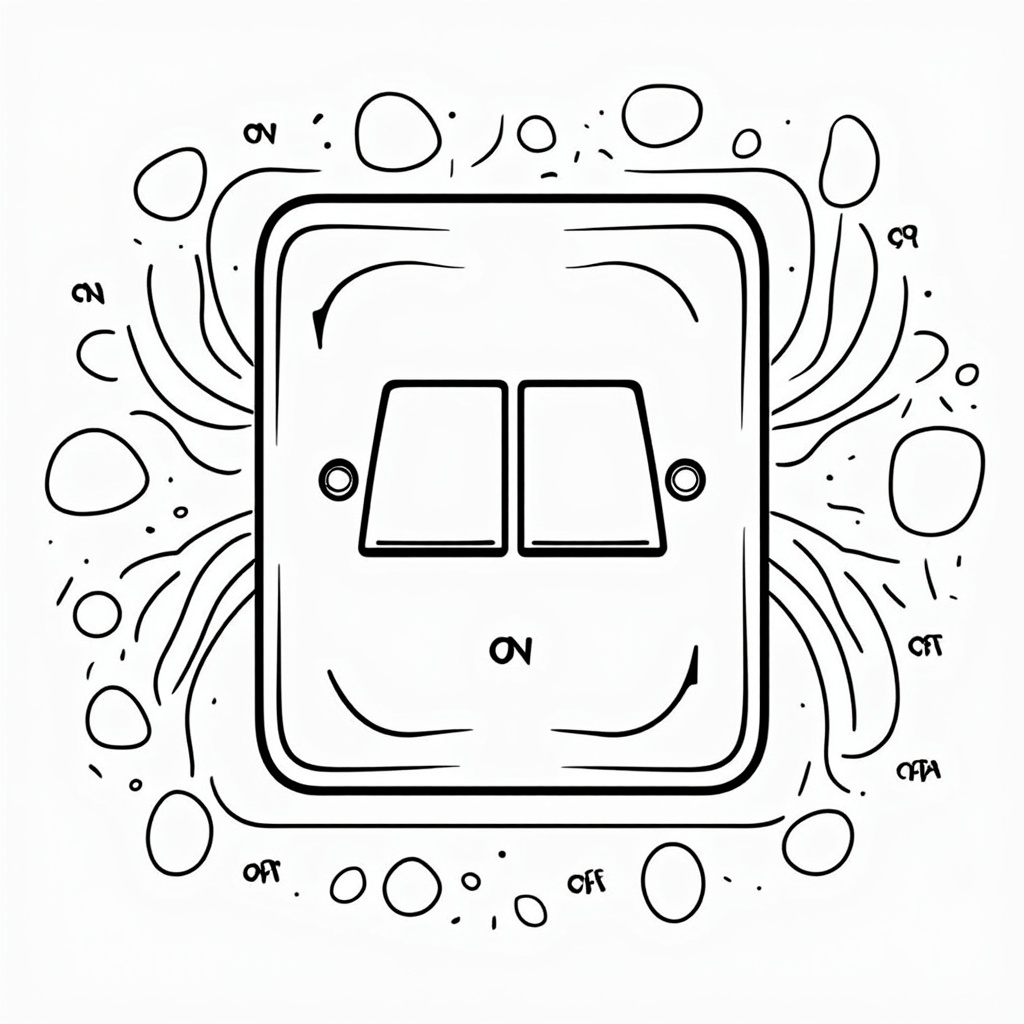 The Undecided Switch: A large, cartoonish light switch or lever that is depicted in an ambiguous, in-between state – neither fully 'on' nor 'off', but in a vibrating or blended position indicating both states at once, with perhaps 'on' patterns and 'off' patterns intermingling around it.