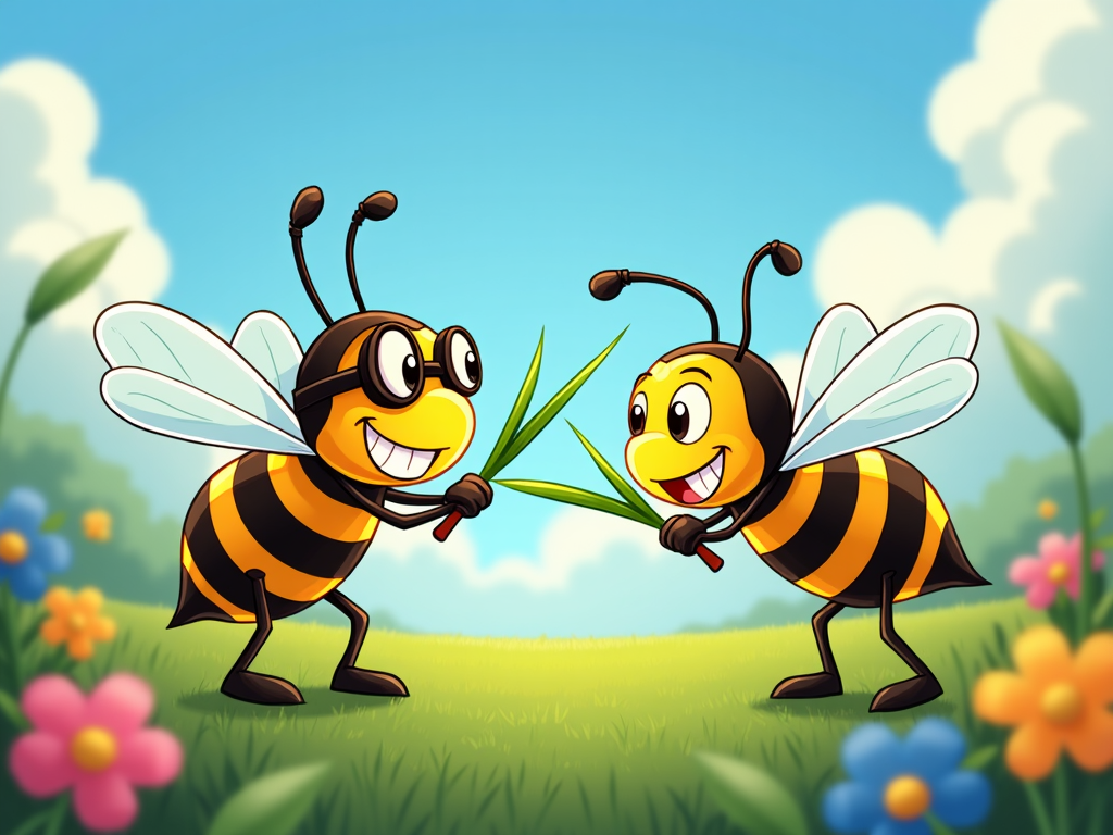 A cartoon bee mock fighting with a buzzing friend using blades of grass, both exuding jovial vibrancy.