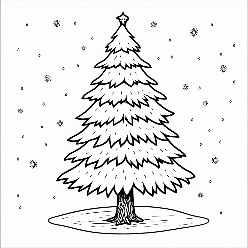 The image is a black and white line drawing of a Christmas tree. The tree is tall and slender with a pointed top and a star on top. It is standing on a small island with a flat base. The background is white with small snowflakes scattered around the tree, creating a peaceful and serene atmosphere. The overall design is simple and minimalistic, with no other elements in the image.