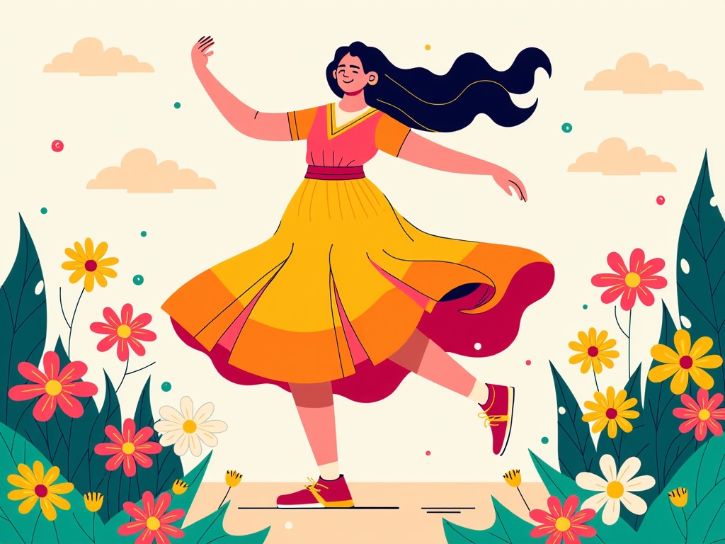 The image is an illustration of a young woman dancing in a field of flowers. She is wearing a yellow dress with a pink top and a red skirt. Her long black hair is flowing in the wind and she has a big smile on her face. The background is filled with colorful flowers and plants, and there are clouds in the sky. The woman is in mid-air, with her arms stretched out to the sides and her legs slightly bent at the knees. She appears to be in a playful and carefree mood.