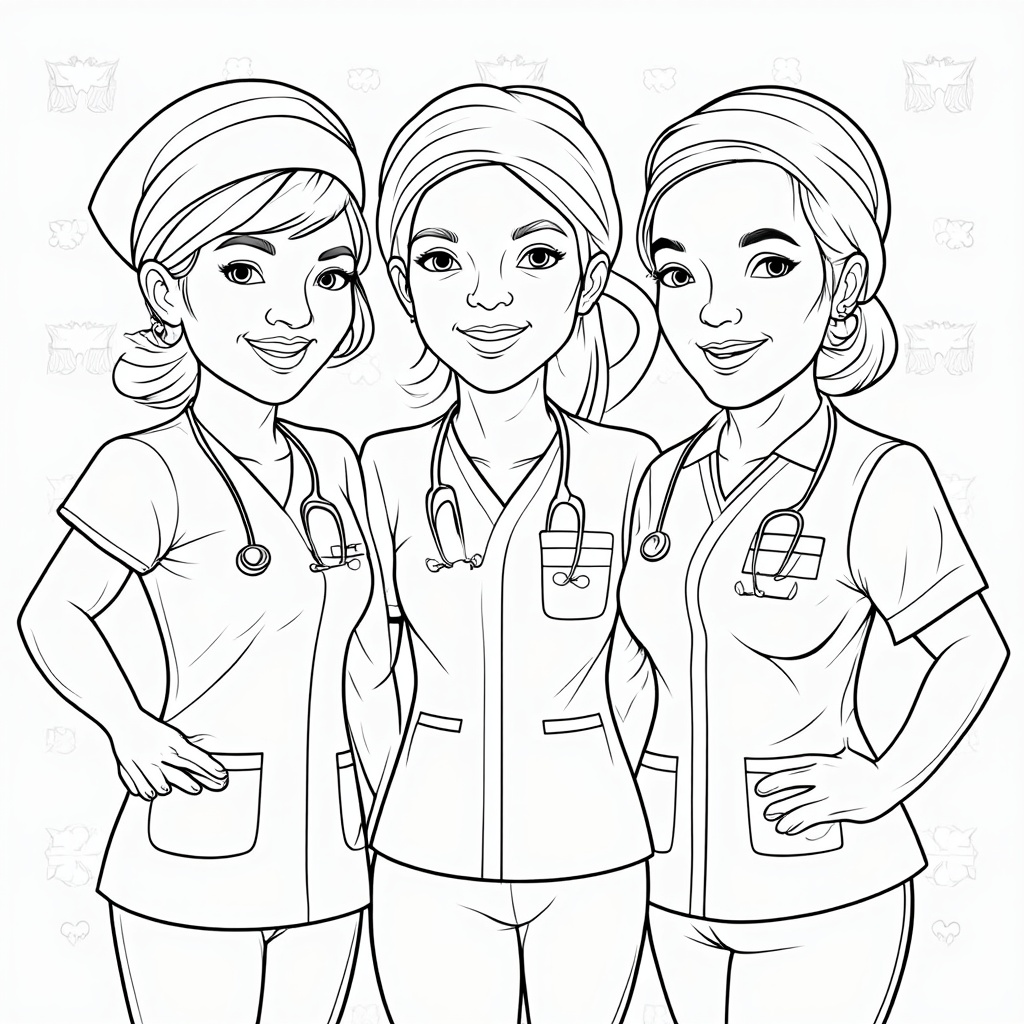 Three diverse nurses (representing different ages, genders, ethnicities) with stethoscopes and caring smiles stand together arm-in-arm, showing teamwork and unity. The background could be a simple pattern of medical crosses and hearts, or a stylized hospital entrance.