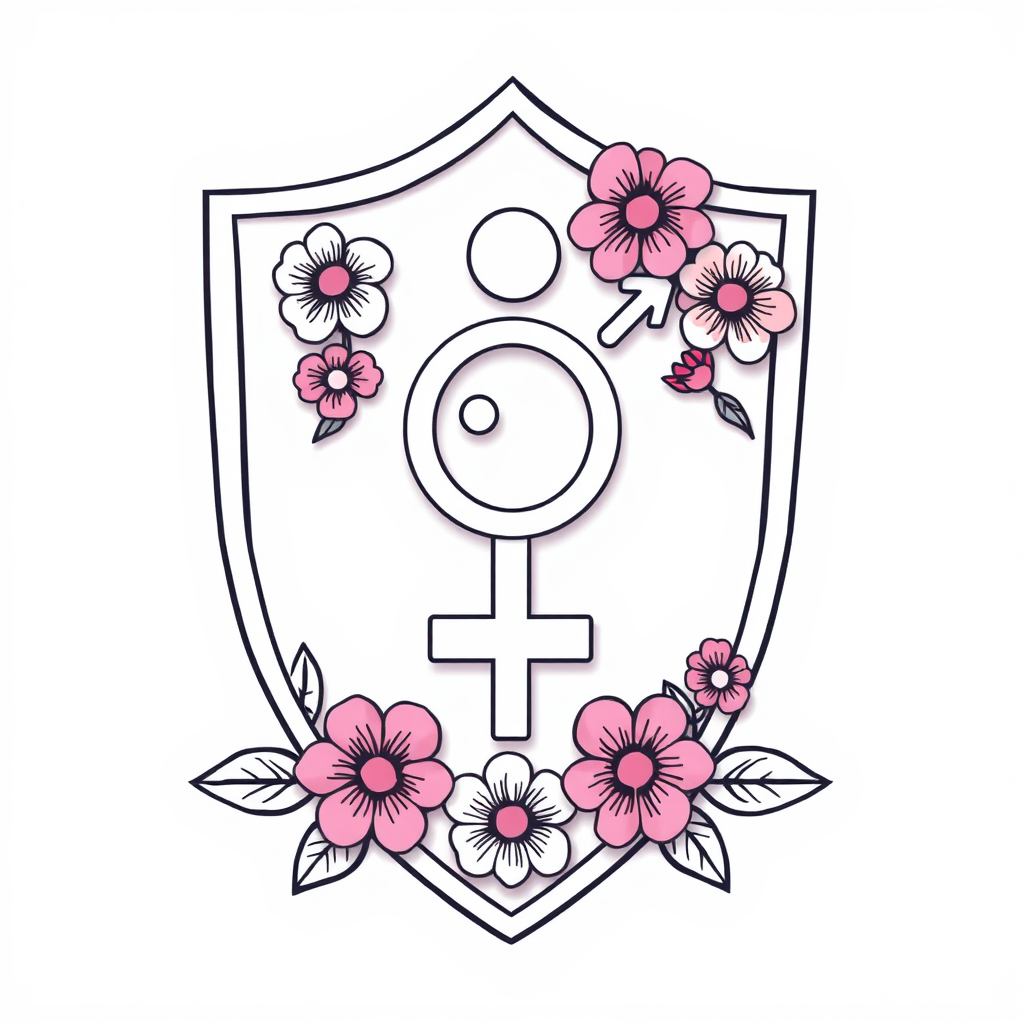 A shield incorporating the female symbol, decorated with flowers, representing protection and resilience.