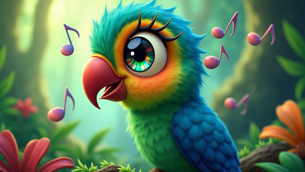 A close-up of a bird's eye, with a rainbow reflection in its pupil, and musical notes subtly integrated in the design.