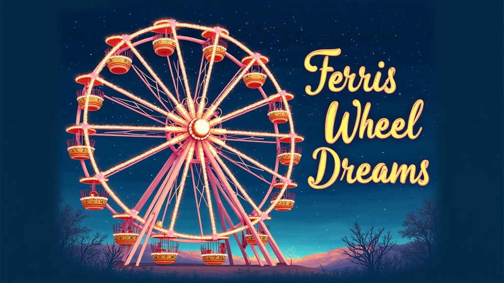 Whimsical Carnival Dream Ride: An illustrative design featuring the Ferris wheel adorned with whimsical elements like daisy-shaped gondolas, sparkling lights, or ethereal patterns, set against a magical, starry night backdrop. 'Ferris Wheel Dreams' in a playful, flowing script.