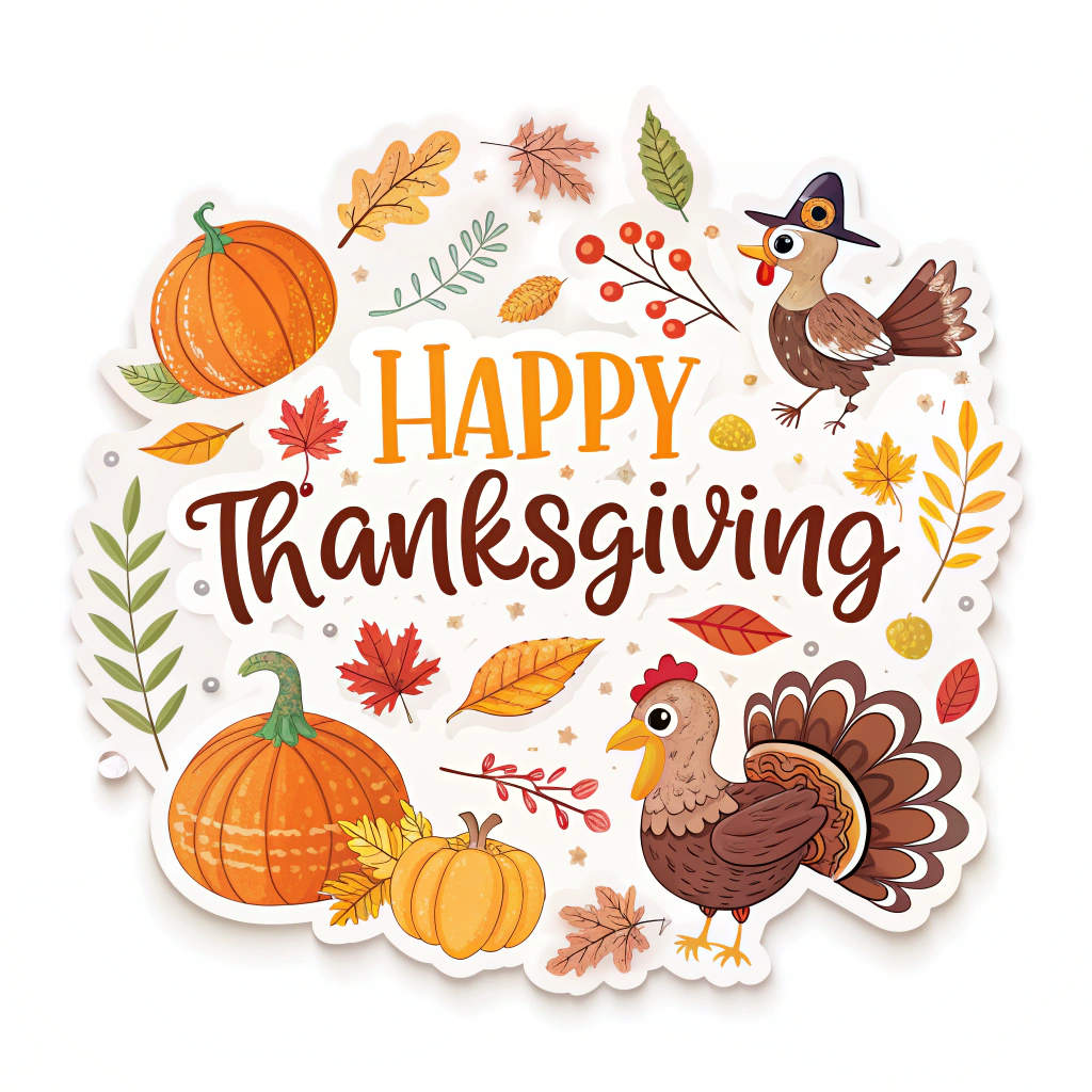 The image shows a happy Thanksgiving card with a turkey, pumpkins, leaves, and text. The card is decorated with a variety of autumnal colors, including oranges, yellows, and reds, and the text reads 