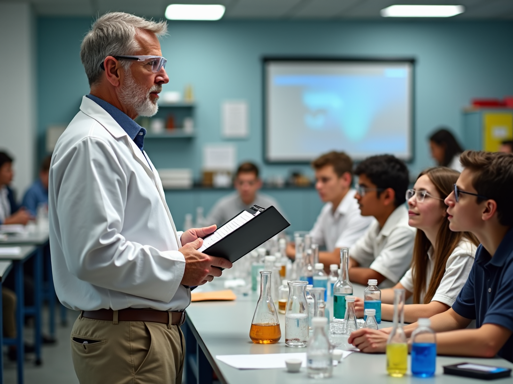 A dedicated chemistry teacher with safety goggles and a clipboard instructs students in a well-equipped lab. Test tubes and chemical containers clutter the workstation, representing a hub of scientific discovery.