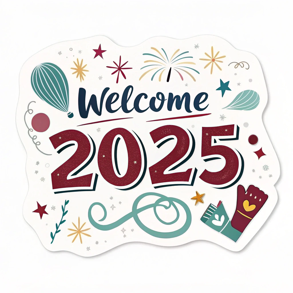 The image shows a white welcome sign with the words Welcome 2025 written in bold black font, surrounded by colorful balloons, stars, and other festive decorations, creating a cheerful and celebratory atmosphere.