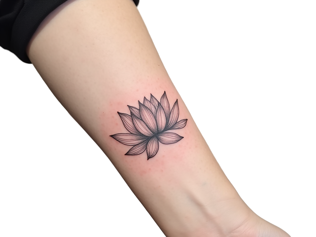 A minimalistic outline tattoo of a delicate lotus flower on a wrist, gently unfurling its petals, signifying purity and enlightenment.