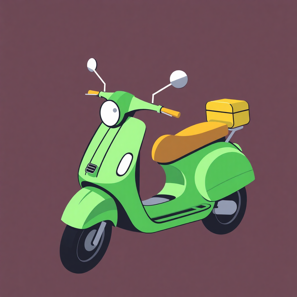 The image is a digital illustration of a green scooter. The scooter has a round headlight and two round mirrors on the front. The handlebars are curved and the seat is yellow. The wheels are black and appear to be made of rubber. The background is a solid maroon color. The overall style of the illustration is simple and cartoon-like.