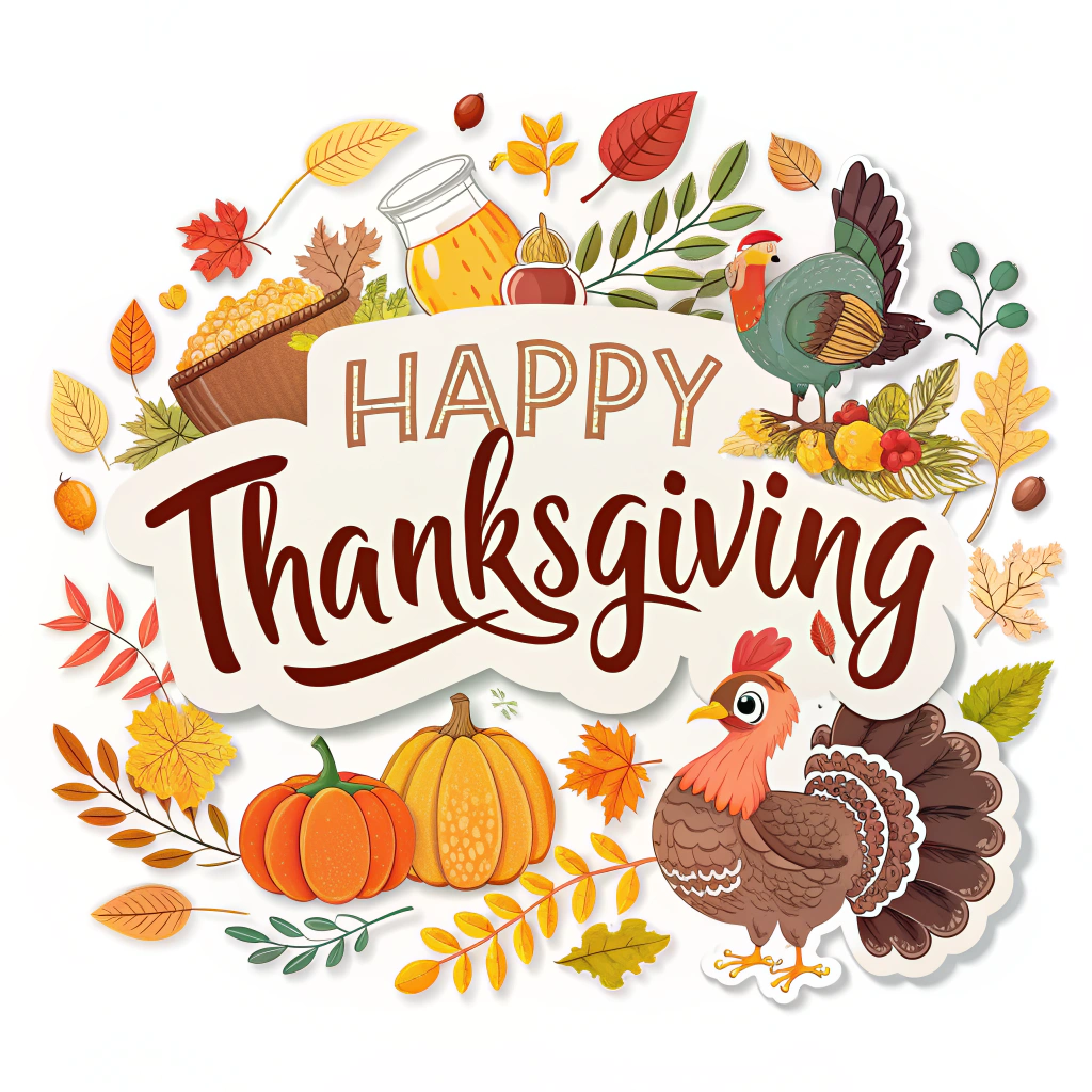 The image shows a happy Thanksgiving card with a turkey and pumpkins surrounded by leaves, fruits, and other objects. The text reads 