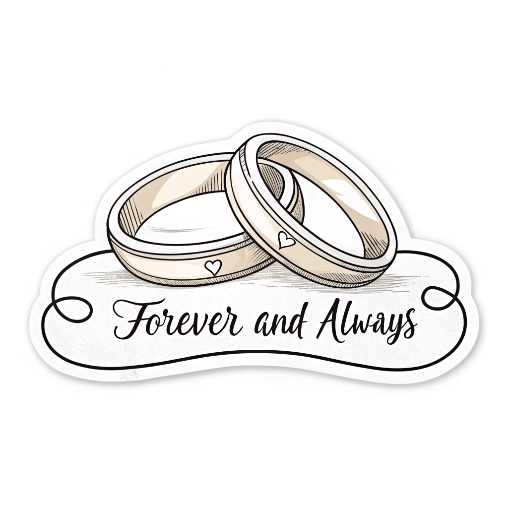 A sticker featuring two intertwined rings and the quote 'Forever and Always' in a classic serif font.