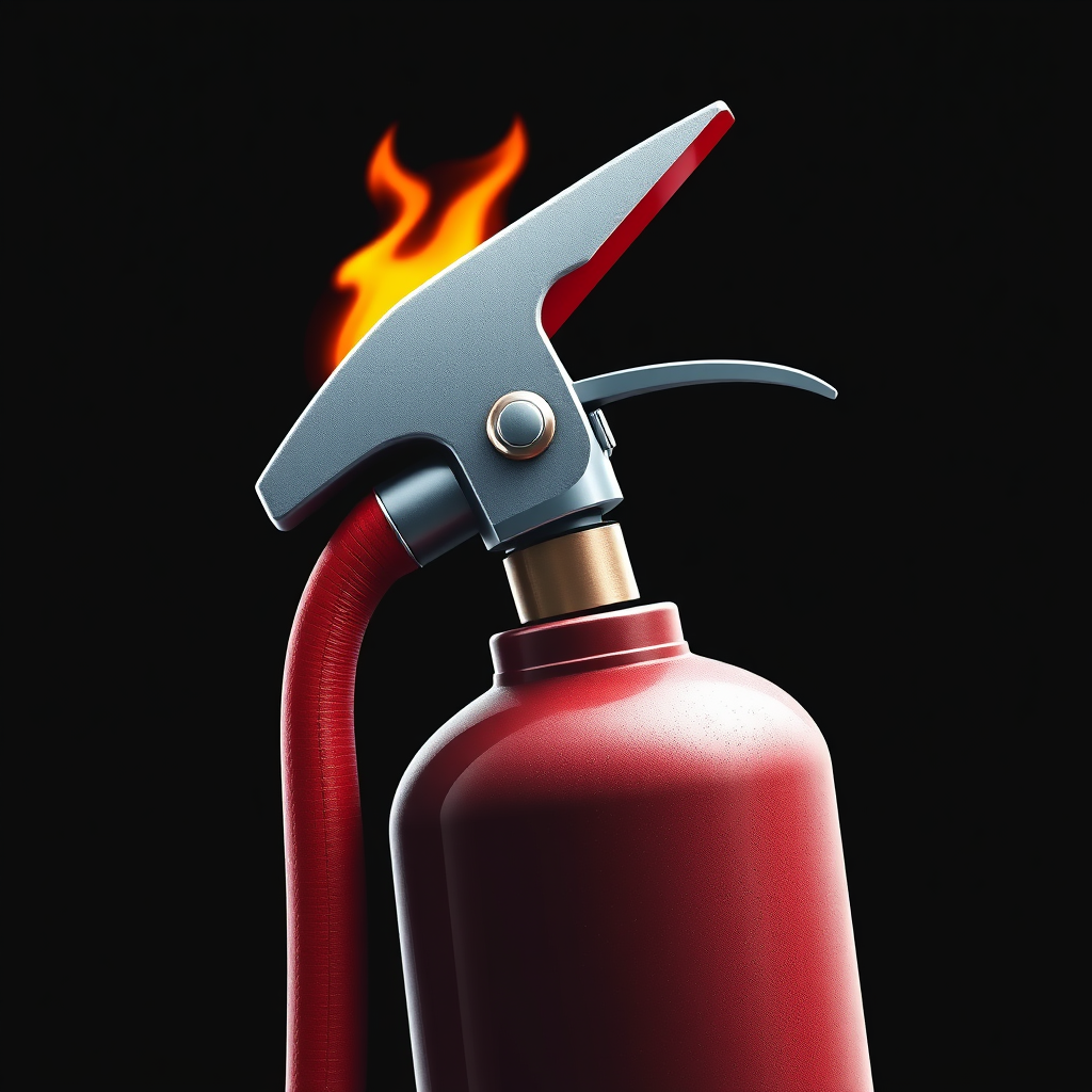 An icon where the fire extinguisher's nozzle is shaped like an axe head, with the hose wrapped around the body, suggesting preparedness and versatility in firefighting.