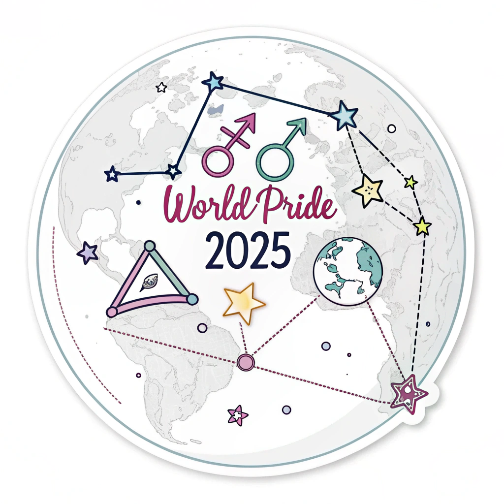 Sub-design 4: Pride Constellations - Major LGBTQ+ symbols (e.g., lambda, gender symbols, pink triangle, labrys) depicted as star constellations connected by faint Dlines against a deep sky background with subtle globe outline. 'WorldPride 2025' as a bright celestial body or text.