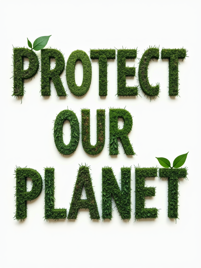 The phrase 'Protect Our Planet' constructed from a collage of natural textures (e.g., tree bark, water ripples, leaf veins) for the letter fills.