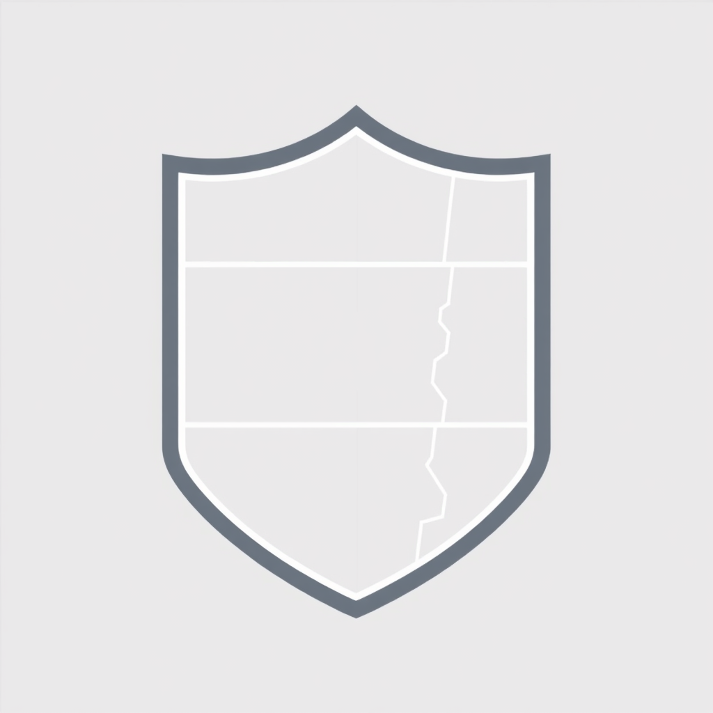 A shield outline constructed from three distinct, sleek geometric segments with clean breaks, suggesting layers of protection or a modular defense system.