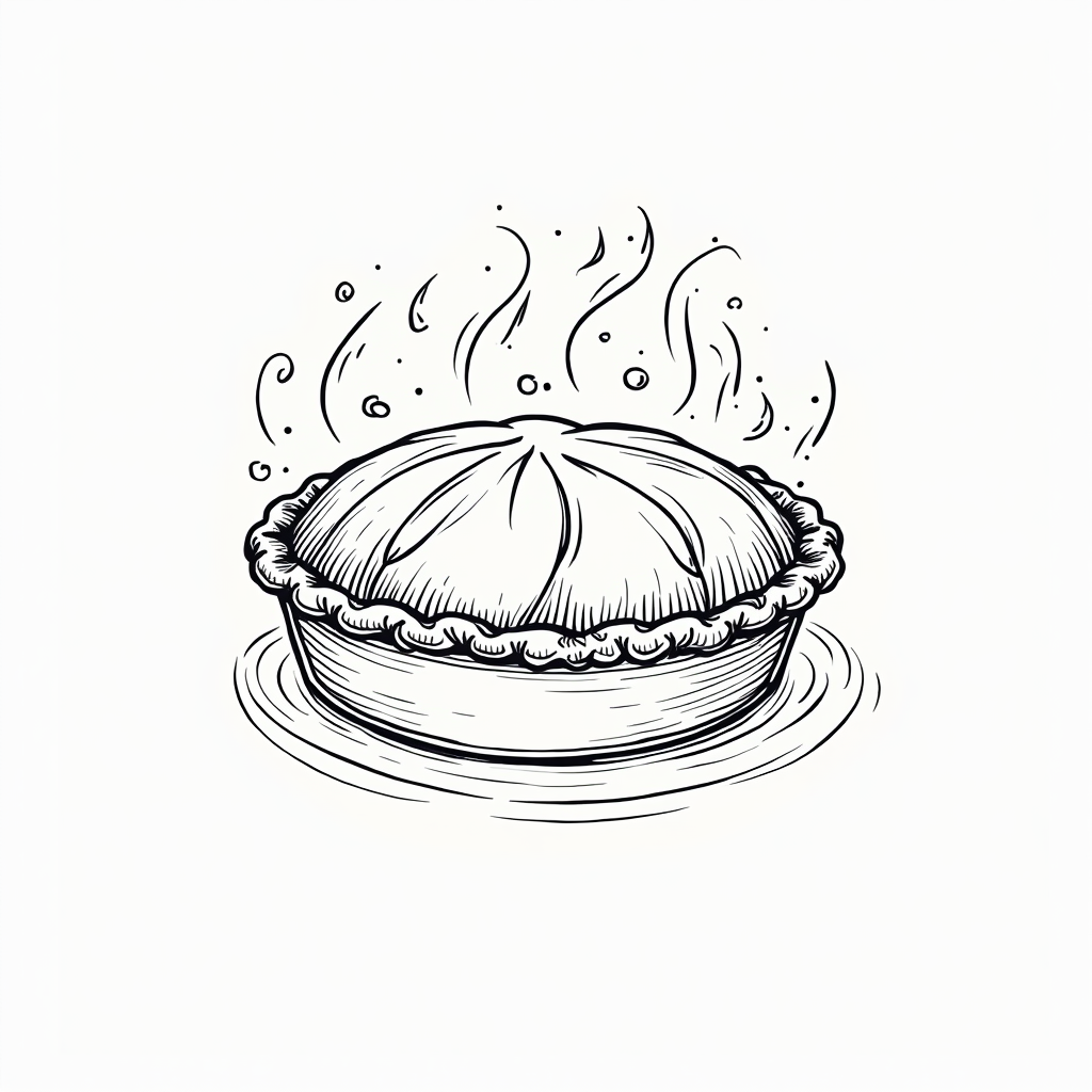 Continuous line drawing of a whole pie, perhaps slightly stylized or abstract, occupying the upper third of the t-shirt.