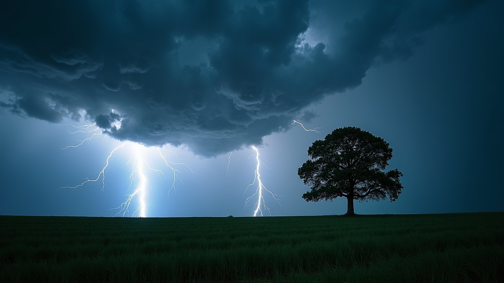 Thunderstorm wallpaper featuring an epic clash between land and sky. A lone tree stands resilient amidst a sprawling field as a supernatural sky unleashes its fury. The tree's silhouette is starkly illuminated by violent lightning, portraying resilience in nature against the overpowering storm. A captivating spectacle of light and shadow.