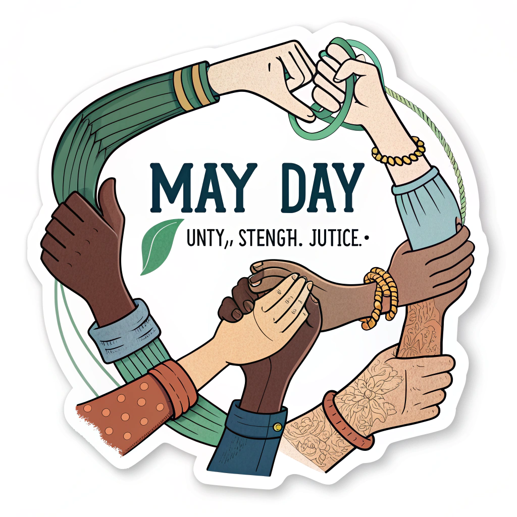 Design 3: Imagery of diverse hands interlocked or reaching upwards in solidarity, perhaps forming a circle around the text. Text: 'MAY DAY: UNITY. STRENGTH. JUSTICE.'. Color scheme: An inclusive palette, possibly incorporating earthy tones with a strong accent color like green or blue.