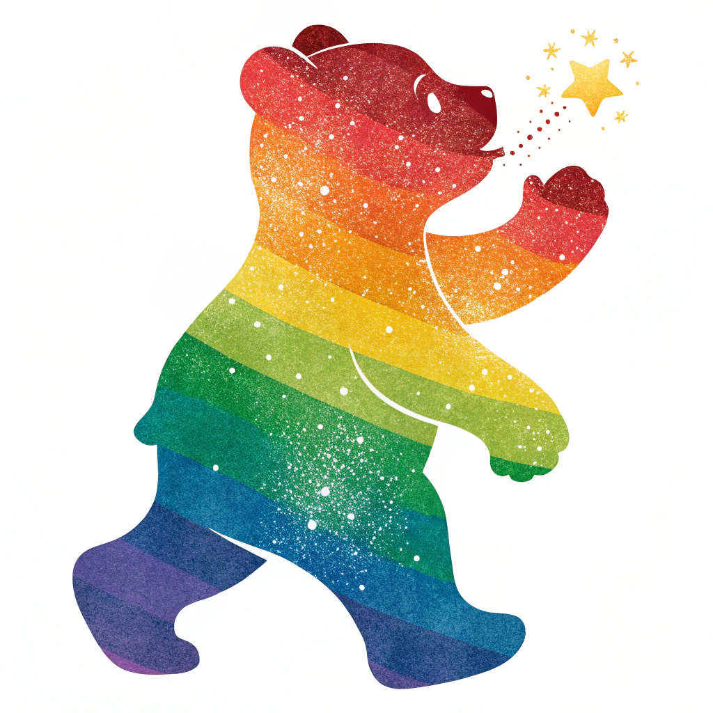 Simple Icon Idea: A stylized, single Gummi Bear silhouette filled with a bold rainbow gradient pattern, possibly with a tiny sparkle accent.