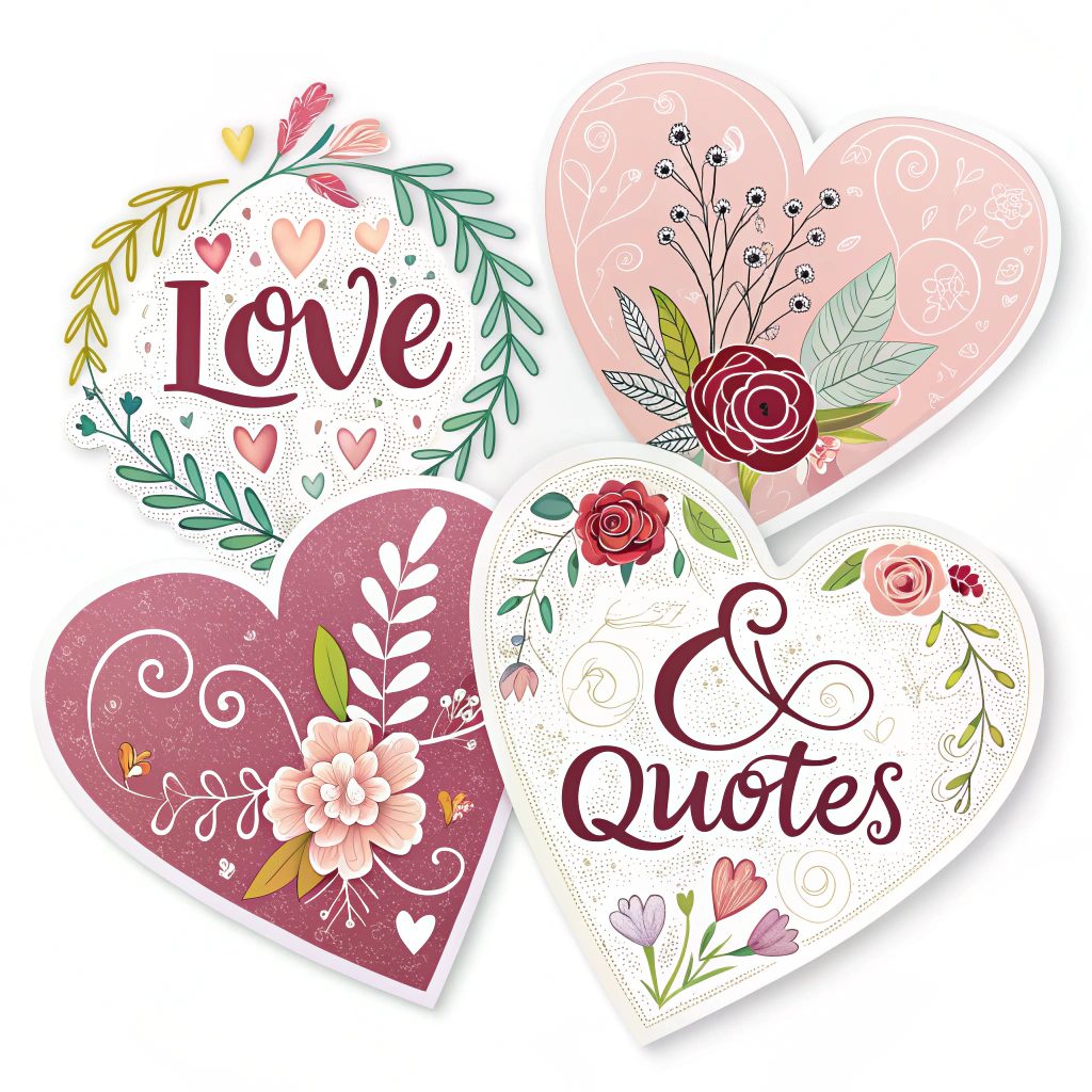 Heart-shaped stickers with love-related quotes or phrases